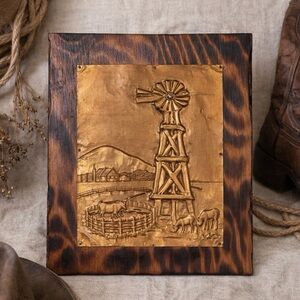 Vintage Copper Hammered Wood Mounted Windmill Handcrafted Plaque 8 3/4 x 11 1/4